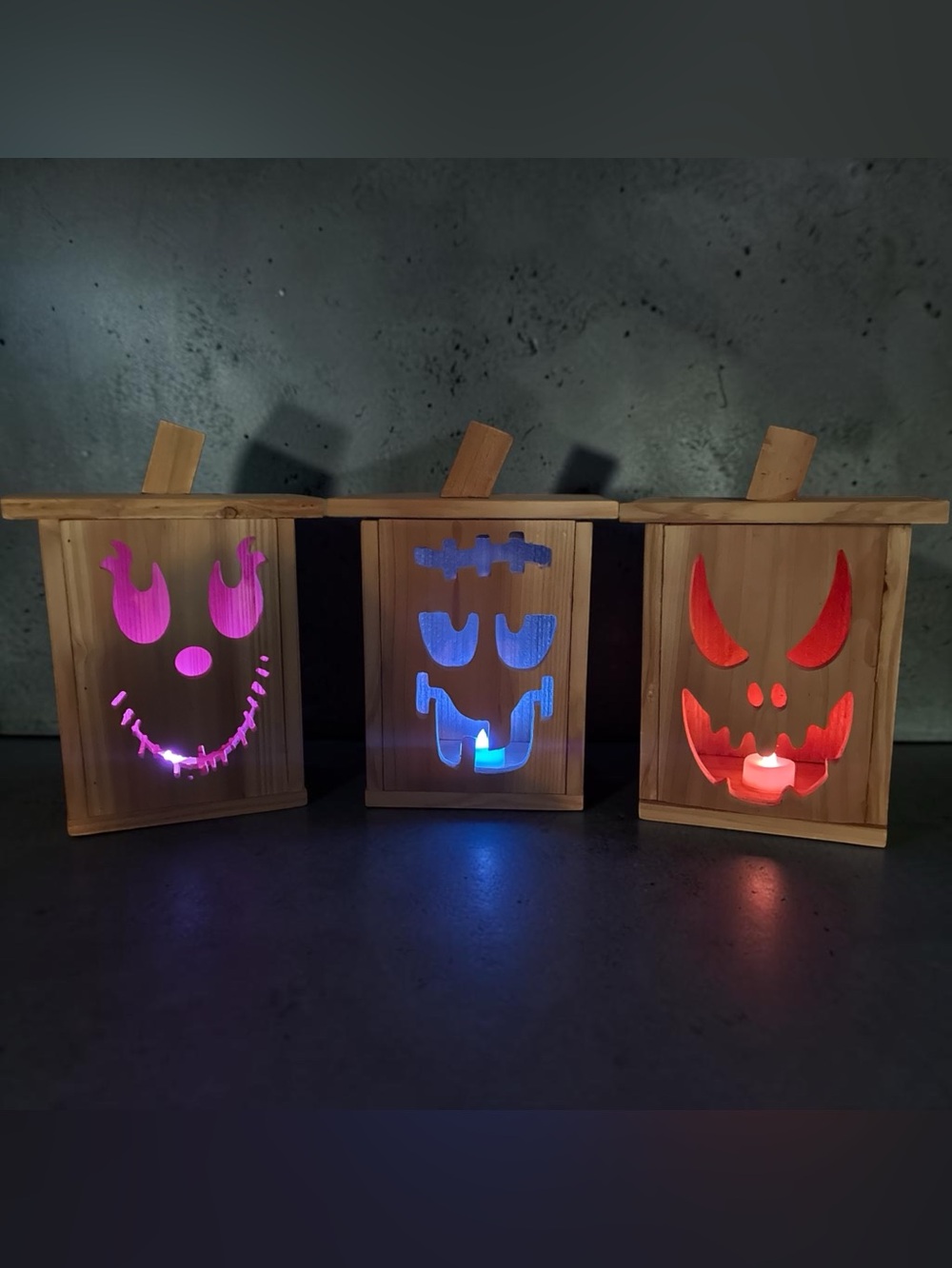 3 Piece Handmade Cedar Wood Jack-o-lantern Halloween Decor